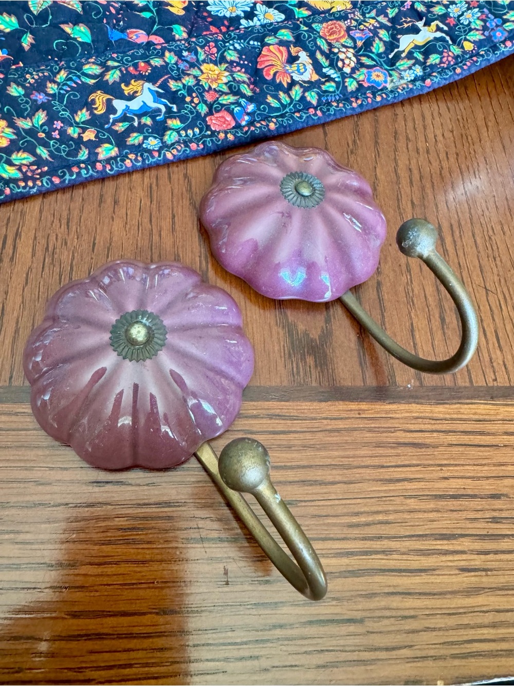 Ceramic Wall Hooks Purple Squash Blossom Brass Coat Hanger Jewelry Display - Picture 2 of 5